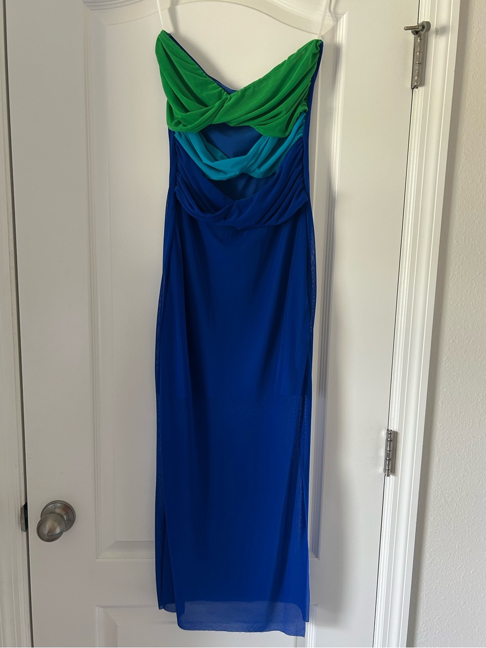 SHEIN Strapless Colbalt Blue Maxi Dress Color Block Twisted Cut-Out Bodice Sheer